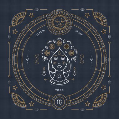Vintage ince çizgi Başak Zodyak işareti etiket. Retro vektör astrolojik sembolü, mistik, kutsal geometri öğesi, amblem, logo. Kontur anahat illüstrasyon.