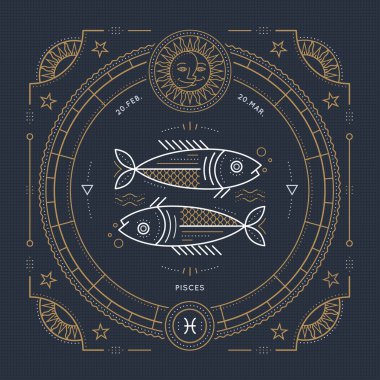 Vintage ince çizgi Balık burcu Zodyak işareti etiket. Retro vektör astrolojik sembolü, mistik, kutsal geometri öğesi, amblem, logo. Kontur anahat illüstrasyon.