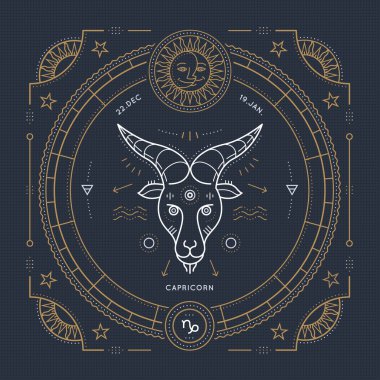 Vintage ince çizgi Oğlak burç işareti etiket. Retro vektör astrolojik sembolü, mistik, kutsal geometri öğesi, amblem, logo. Kontur anahat illüstrasyon.