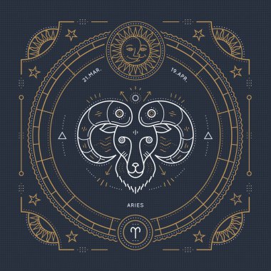 Vintage ince çizgi Koç Zodyak işareti etiket. Retro vektör astrolojik sembolü, mistik, kutsal geometri öğesi, amblem, logo. Kontur anahat illüstrasyon.