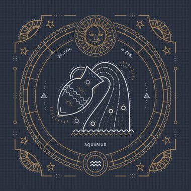 Vintage ince çizgi kova Zodyak işareti etiket. Retro vektör astrolojik sembolü, mistik, kutsal geometri öğesi, amblem, logo. Kontur anahat illüstrasyon.