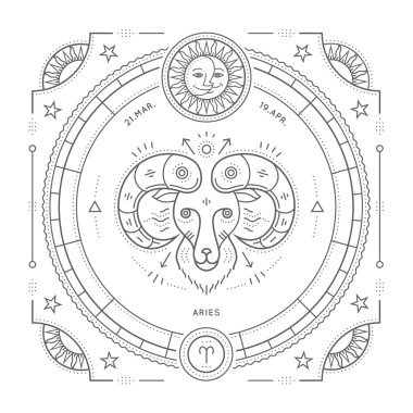 Vintage ince çizgi Koç Zodyak işareti etiket. Retro vektör astrolojik sembolü, mistik, kutsal geometri öğesi, amblem, logo. Kontur anahat illüstrasyon. Beyaz arka plan üzerinde izole.