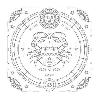 Vintage ince çizgi kanser Zodyak işareti etiket. Retro vektör astrolojik sembolü, mistik, kutsal geometri öğesi, amblem, logo. Kontur anahat illüstrasyon. Beyaz arka plan üzerinde izole.