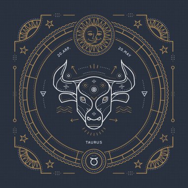 Vintage ince çizgi Toros burç işareti etiket. Retro vektör astrolojik sembolü, mistik, kutsal geometri öğesi, amblem, logo. Kontur anahat illüstrasyon.