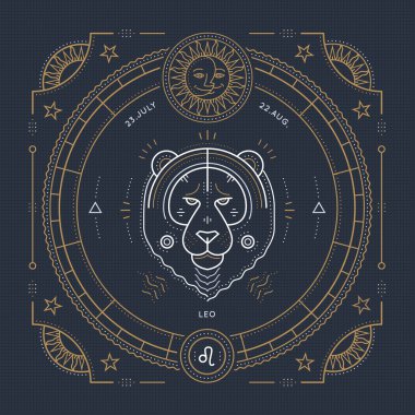 Vintage ince çizgi Leo Zodyak işareti etiket. Retro vektör astrolojik sembolü, mistik, kutsal geometri öğesi, amblem, logo. Kontur anahat illüstrasyon.