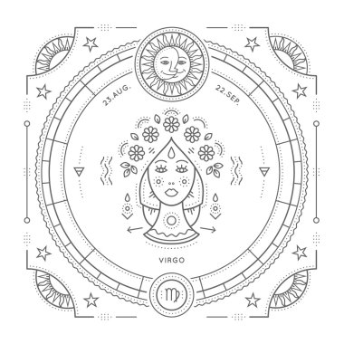Vintage ince çizgi Başak Zodyak işareti etiket. Retro vektör astrolojik sembolü, mistik, kutsal geometri öğesi, amblem, logo. Kontur anahat illüstrasyon. Beyaz arka plan üzerinde izole.