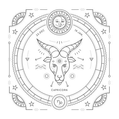 Vintage ince çizgi Oğlak burç işareti etiket. Retro vektör astrolojik sembolü, mistik, kutsal geometri öğesi, amblem, logo. Kontur anahat illüstrasyon. Beyaz arka plan üzerinde izole.