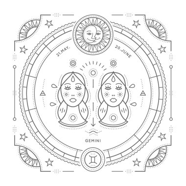 Vintage ince çizgi İkizler burç işareti etiket. Retro vektör astrolojik sembolü, mistik, kutsal geometri öğesi, amblem, logo. Kontur anahat illüstrasyon. Beyaz arka plan üzerinde izole.