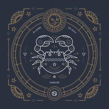 Vintage ince çizgi kanser Zodyak işareti etiket. Retro vektör astrolojik sembolü, mistik, kutsal geometri öğesi, amblem, logo. Kontur anahat illüstrasyon.