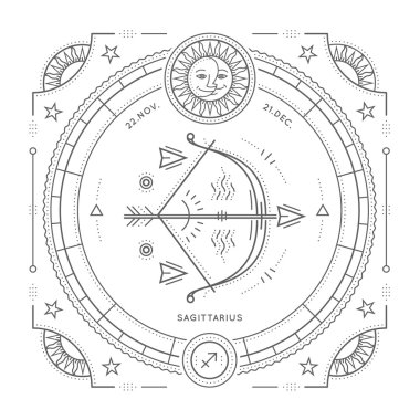 Vintage ince çizgi Yay burç işareti etiket. Retro vektör astrolojik sembolü, mistik, kutsal geometri öğesi, amblem, logo. Kontur anahat illüstrasyon. Beyaz arka plan üzerinde izole.