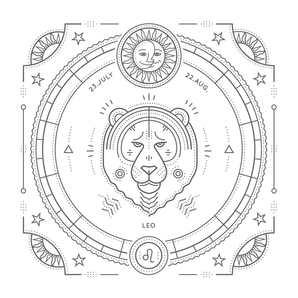 Vintage linha fina Leo signo do zodíaco rótulo. Símbolo astrológico vetorial retrô, elemento místico, geométrico sagrado, emblema, logotipo. Ilustração do esboço do traço do traço. Isolado sobre fundo branco . — Vetor de Stock