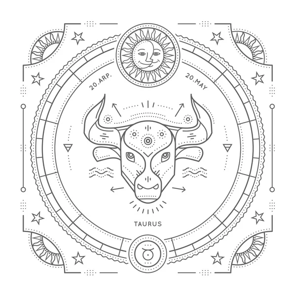Vintage λεπτή γραμμή Taurus zodiac σημάδι ετικέτα. Ρετρό διάνυσμα αστρολογικό σύμβολο, στοιχείο μυστικιστής, ιερή γεωμετρία, έμβλημα, λογότυπο. Εικονογράφηση περίγραμμα πινελιάς. Απομονωμένα σε λευκό φόντο. — Διανυσματικό Αρχείο