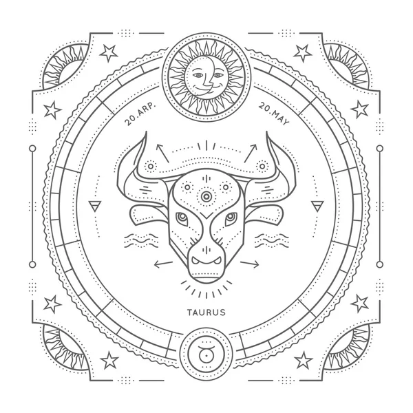 Vintage tunn linje Taurus zodiac sign etikett. Retro vektor astrologiska symbol, mystic, helig geometri element, emblem, logotyp. Stroke disposition illustration. Isolerad på vit bakgrund. — Stock vektor