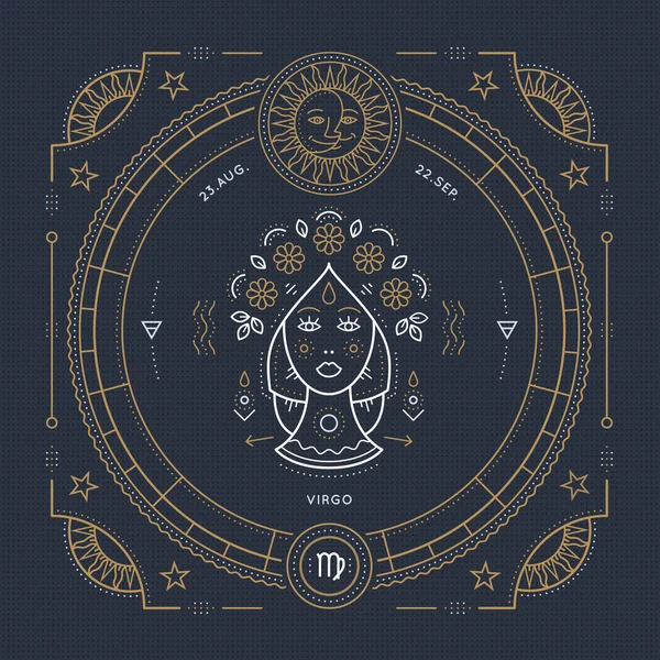 Vintage ince çizgi Başak Zodyak işareti etiket. Retro vektör astrolojik sembolü, mistik, kutsal geometri öğesi, amblem, logo. Kontur anahat illüstrasyon.