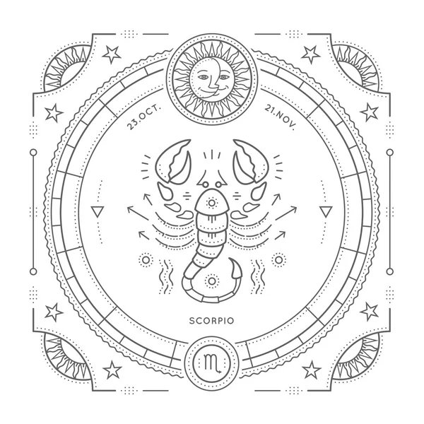 Vintage tunn linje Skorpionen zodiac sign etikett. Retro vektor astrologiska symbol, mystic, helig geometri element, emblem, logotyp. Stroke disposition illustration. Isolerad på vit bakgrund. — Stock vektor