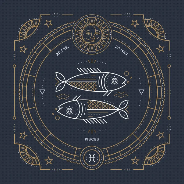 Vintage vékony halak állatöv jel felirat. Retro vektor asztrológiai szimbóluma, misztikus, Szent geometria elemet, embléma, logo. Stroke szerkezeti ábra. — Stock Vector
