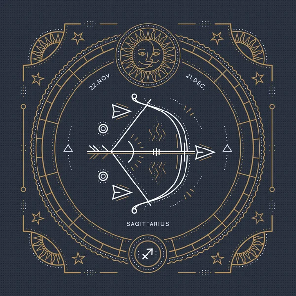 Vintage ince çizgi Yay burç işareti etiket. Retro vektör astrolojik sembolü, mistik, kutsal geometri öğesi, amblem, logo. Kontur anahat illüstrasyon.