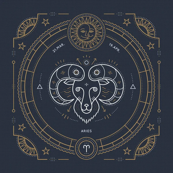 Vintage ince çizgi Koç Zodyak işareti etiket. Retro vektör astrolojik sembolü, mistik, kutsal geometri öğesi, amblem, logo. Kontur anahat illüstrasyon.