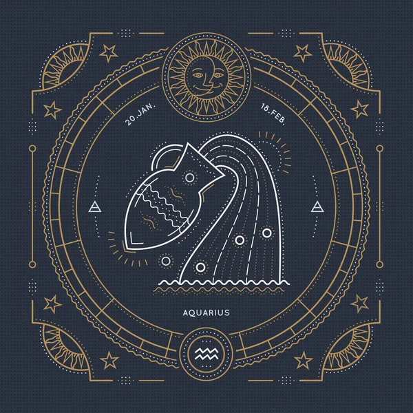Vintage tunn linje Aquarius zodiac sign etikett. Retro vektor astrologiska symbol, mystic, helig geometri element, emblem, logotyp. Stroke disposition illustration. — Stock vektor