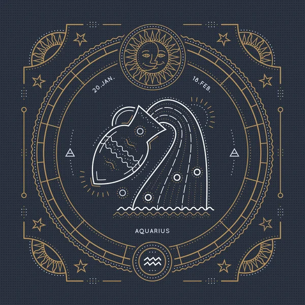 Vintage sottile linea etichetta segno zodiacale Acquario. Simbolo astrologico retrò vettoriale, mistico, elemento di geometria sacra, emblema, logo. Illustrazione contorno traccia . — Vettoriale Stock