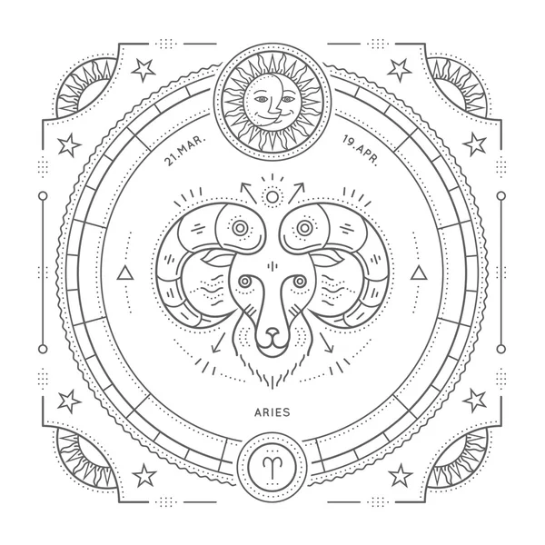 ビンテージの細い線牡羊座星座記号ラベル。レトロなベクトル占星術記号、神秘的な神聖なジオメトリ要素、エンブレム、ロゴ。ストロークの概要図。白い背景に分離. — ストックベクタ