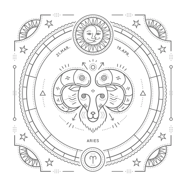 Vintage mince ligne Bélier signe du zodiaque étiquette. Symbole astrologique vectoriel rétro, mystique, élément géométrique sacré, emblème, logo. Illustration de contour de course. Isolé sur fond blanc . — Image vectorielle