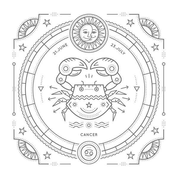 Vintage ince çizgi kanser Zodyak işareti etiket. Retro vektör astrolojik sembolü, mistik, kutsal geometri öğesi, amblem, logo. Kontur anahat illüstrasyon. Beyaz arka plan üzerinde izole.