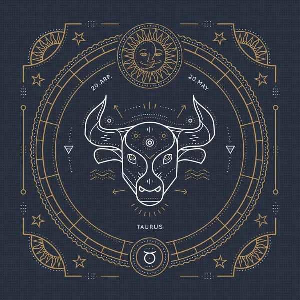 Vintage linha fina Taurus signo do zodíaco rótulo. Símbolo astrológico vetorial retrô, elemento místico, geométrico sagrado, emblema, logotipo. Ilustração do esboço do traço do traço . — Vetor de Stock