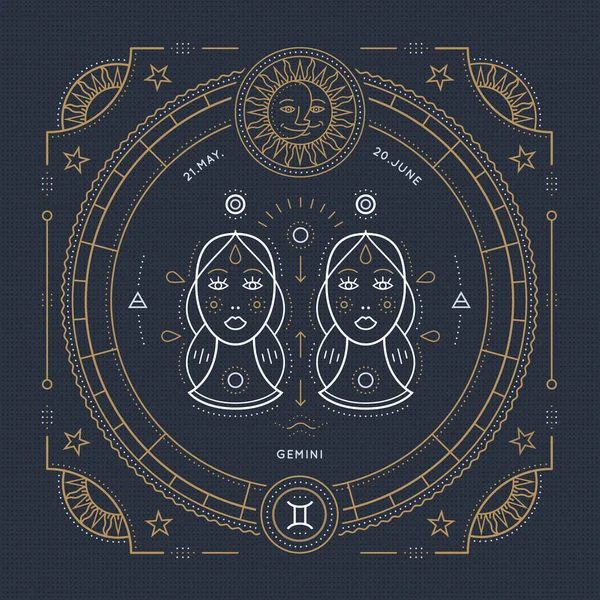 Vintage λεπτή γραμμή Gemini zodiac σημάδι ετικέτα. Ρετρό διάνυσμα αστρολογικό σύμβολο, στοιχείο μυστικιστής, ιερή γεωμετρία, έμβλημα, λογότυπο. Εικονογράφηση περίγραμμα πινελιάς. — Διανυσματικό Αρχείο