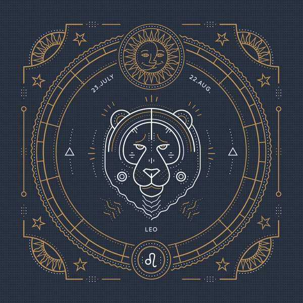 Винтажные тонкие линии Лео знак зодиака метки. Ретровекторный астрологический символ, мистический, сакральный геометрический элемент, эмблема, логотип. Рисунок контура штриха
.