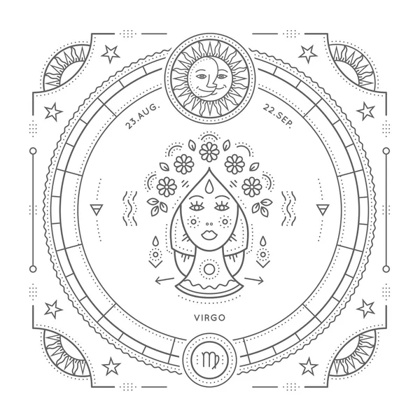 Vintage linea sottile etichetta segno zodiacale Vergine. Simbolo astrologico retrò vettoriale, mistico, elemento di geometria sacra, emblema, logo. Illustrazione contorno traccia. Isolato su sfondo bianco . — Vettoriale Stock