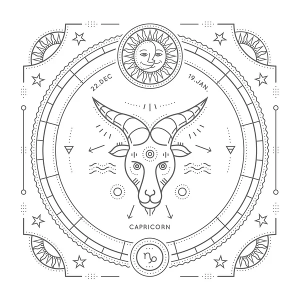 Vintage tunn linje Stenbocken zodiac sign etikett. Retro vektor astrologiska symbol, mystic, helig geometri element, emblem, logotyp. Stroke disposition illustration. Isolerad på vit bakgrund. — Stock vektor