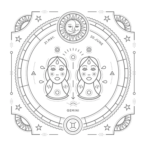Vintage λεπτή γραμμή Gemini zodiac σημάδι ετικέτα. Ρετρό διάνυσμα αστρολογικό σύμβολο, στοιχείο μυστικιστής, ιερή γεωμετρία, έμβλημα, λογότυπο. Εικονογράφηση περίγραμμα πινελιάς. Απομονωμένα σε λευκό φόντο. — Διανυσματικό Αρχείο