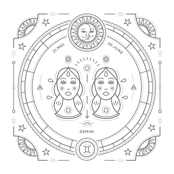 Vintage tunn linje Gemini zodiac sign etikett. Retro vektor astrologiska symbol, mystic, helig geometri element, emblem, logotyp. Stroke disposition illustration. Isolerad på vit bakgrund. — Stock vektor