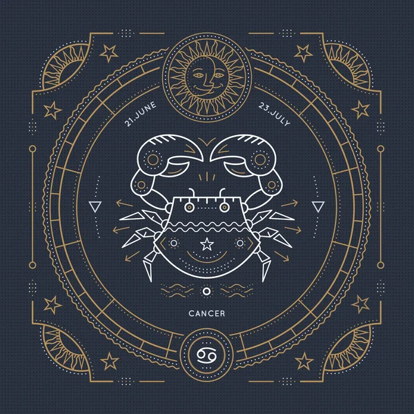 Vintage ince çizgi kanser Zodyak işareti etiket. Retro vektör astrolojik sembolü, mistik, kutsal geometri öğesi, amblem, logo. Kontur anahat illüstrasyon.