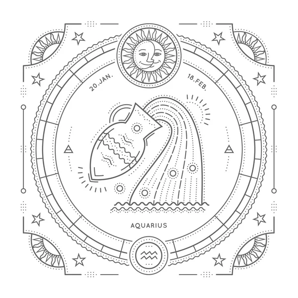 Vintage tunn linje Aquarius zodiac sign etikett. Retro vektor astrologiska symbol, mystic, helig geometri element, emblem, logotyp. Stroke disposition illustration. Isolerad på vit bakgrund. — Stock vektor