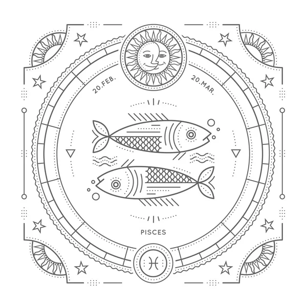 Vintage mince ligne Poissons signe du zodiaque étiquette. Symbole astrologique vectoriel rétro, mystique, élément géométrique sacré, emblème, logo. Illustration de contour de course. Isolé sur fond blanc . — Image vectorielle