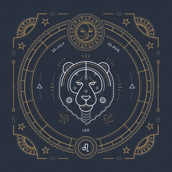 Vintage thin line Leo zodiac sign label. Retro vector astrological symbol, mystic, sacred geometry element, emblem, logo. Stroke outline illustration. — Stock Illustration Vintage thin line Leo zodiac sign label. Retro vector astrological symbol, mystic, sacred geometry element, emblem, logo. Stroke outline illustration. Vector Graphics