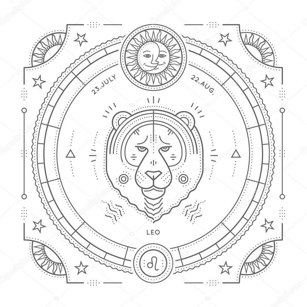 Vintage thin line Leo zodiac sign label. Retro vector astrological symbol, mystic, sacred geometry element, emblem, logo. Stroke outline illustration. Isolated on white background.