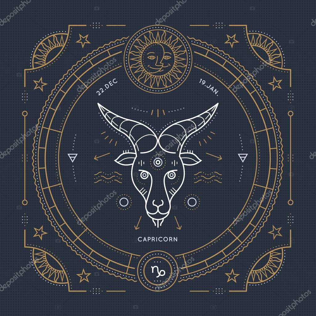 Vintage Thin Line Capricorn Zodiac Sign Label Retro Vector Astrological Symbol Mystic Sacred Geometry Element Emblem Logo Stroke Outline Illustration Vector Image By C Painterr Vector Stock 111828876 Full of potential and a feeling of self importance. https depositphotos com 111828876 stock illustration vintage thin line capricorn zodiac html