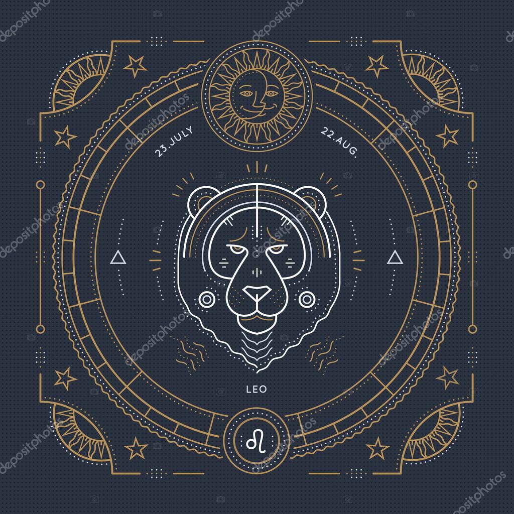 Vintage thin line Leo zodiac sign label. Retro vector astrological symbol, mystic, sacred geometry element, emblem, logo. Stroke outline illustration.