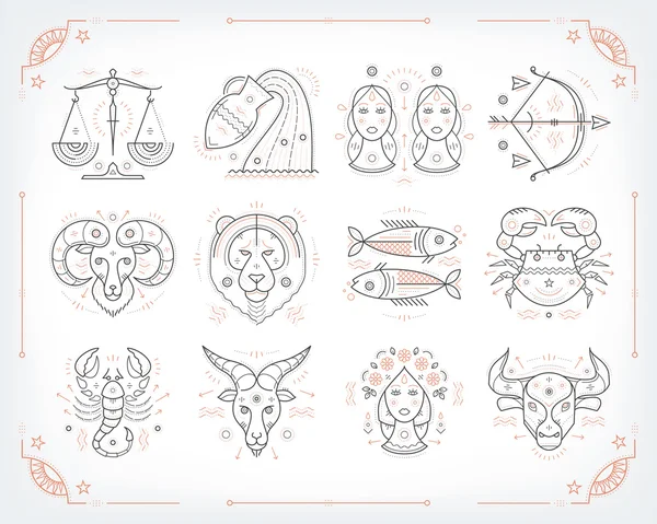 İnce çizgi vektör zodyak sembolleri. Astroloji, burç işareti, grafik tasarım öğeleri, baskı şablonu. Vintage anahat vuruş tarzı. Beyaz üzerine izole.