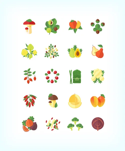 Conjunto de alimentos orgánicos vegetarianos vectoriales. Conjunto de iconos de frutas y verduras planas . — Vector de stock