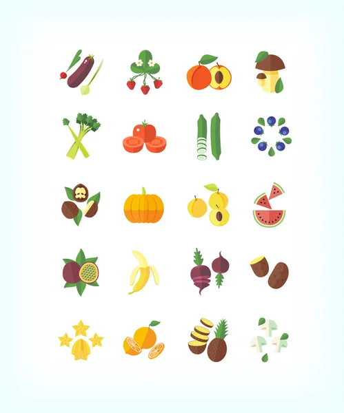 Uppsättning av vektor vegetarisk ekologisk mat. Ikonuppsättning för platta frukter och grönsaker. — Stock vektor