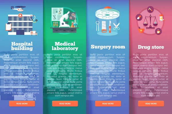 Conjunto de banderas planas de vectores de ciencia médica. Conceptos de diseño vertical médico y sanitario. Estilo moderno plano . — Vector de stock