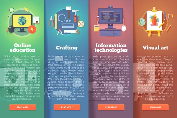 Online onderwijs. Crafting en handgemaakte spullen. Informatietechnologie. Beeldende kunstgalerij. Onderwijs en wetenschap verticale lay-out concepten. Platte moderne stijl. — Stockvector