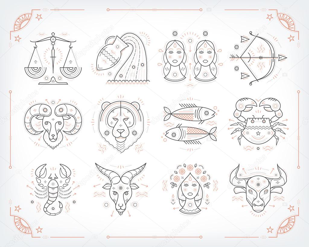 Thin line vector zodiacal symbols. Astrology, horoscope sign, graphic design elements, printing template. Vintage outline stroke style. Isolated on white.