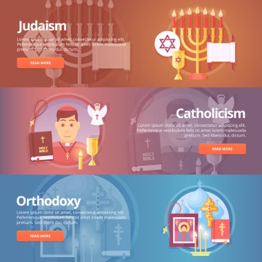 Judaism. Catholicism. Orthodoxy. Christianic religions. Religion and confessions banners set. Vector design concept. clipart