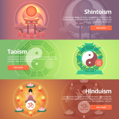 Shintoism. Japon din. Taoizm. Hinduizm. Buddhistic kültür. Tao ilkeleri. Din ve İtirafları afiş ayarlayın. Vektör tasarım konsepti.