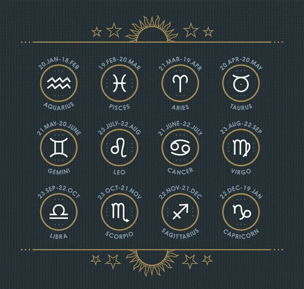 Kolekcja ikona znak zodiaku. Zestaw święte symbole. Styl Vintage elementów projektu horoskop i astrologia przeznaczenia. Cienka linia znaki na białym tle na ciemne kropki tła. Wektor zbiory. — Wektor stockowy